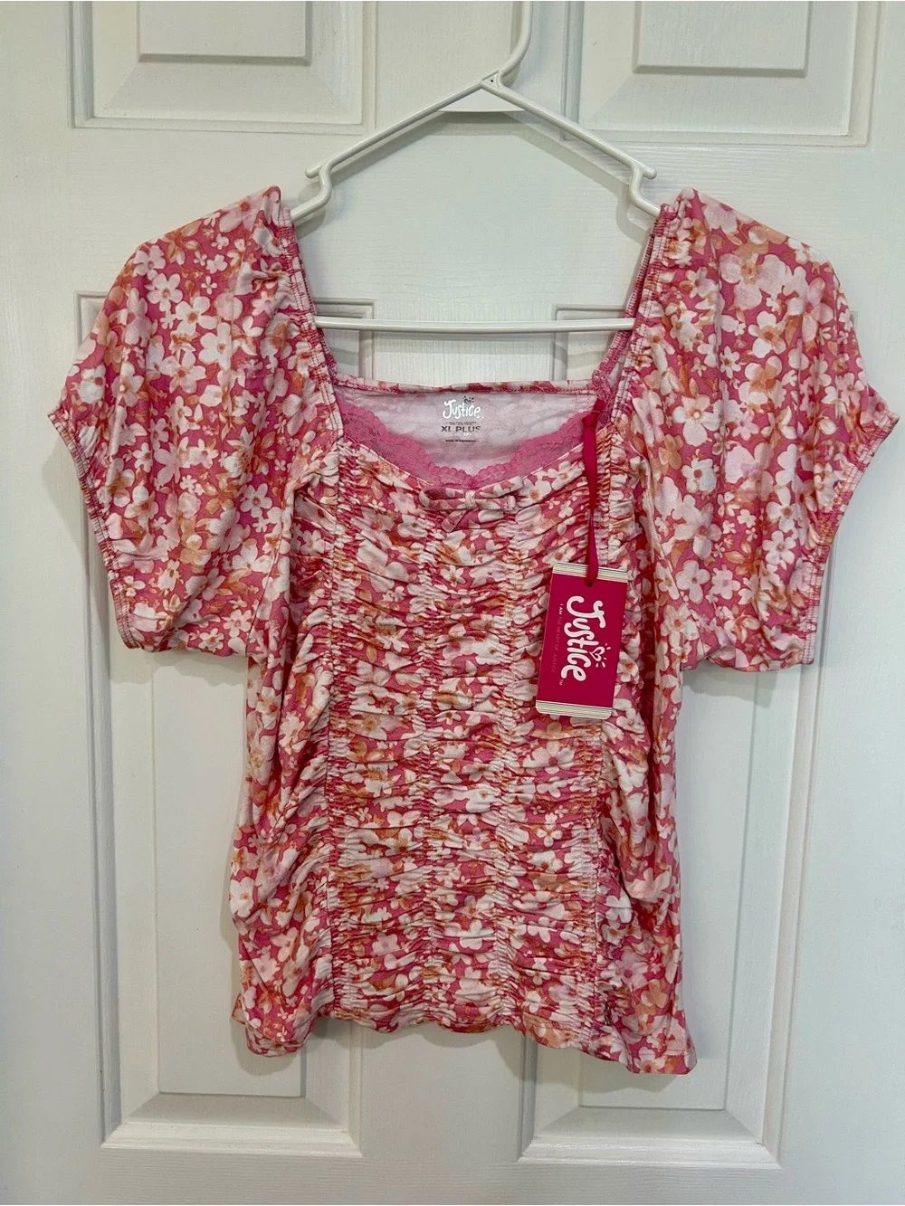 NWT Justice Girls Floral Ruched Front Top Pink XL Plus Puff Sleeve Blouse